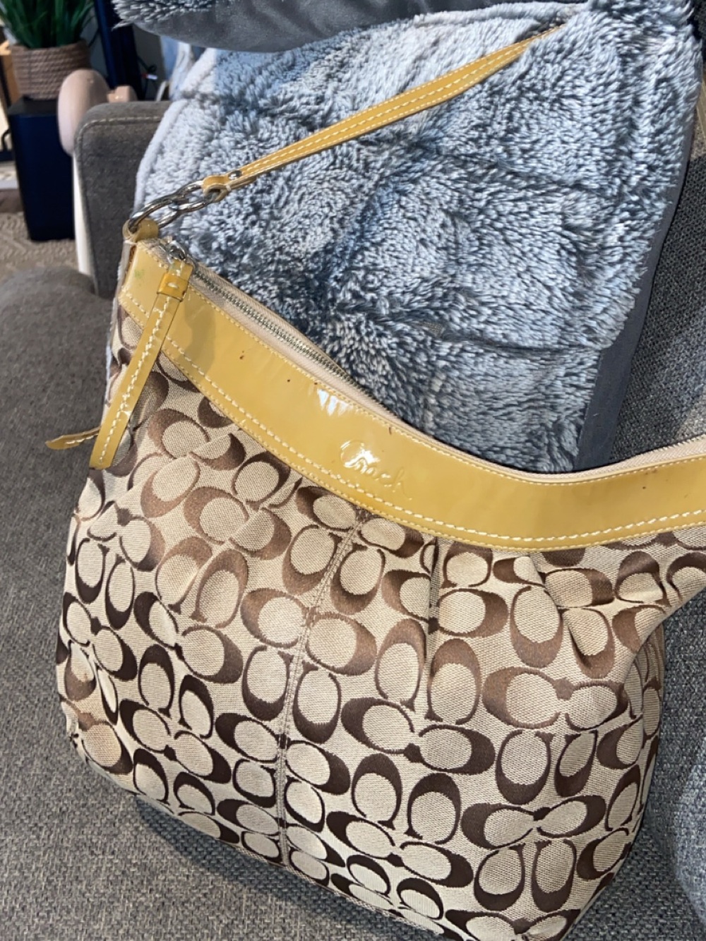 Coach Canvas Shoulder Bag with Yellow Trim and Brown Logo Print